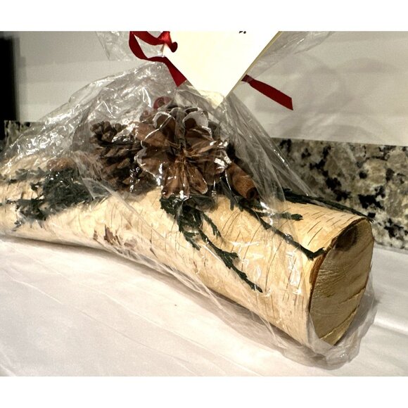 Decorative Holiday Yule Log Christmas Centerpiece 11" Birch, Pine Cones, Berries - Picture 6 of 12